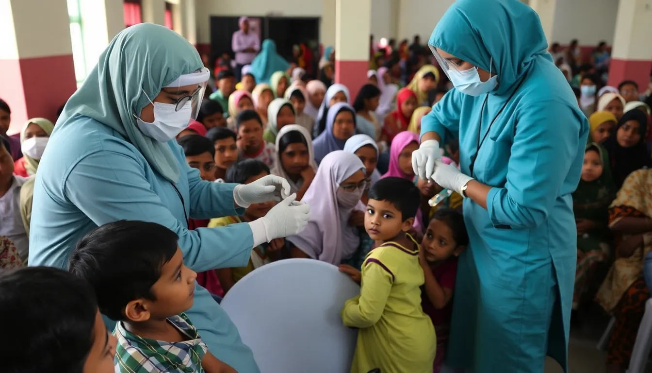A mother comforting her child at a vaccination site, reflecting the anxiety and hope surrounding the ongoing health crisis
