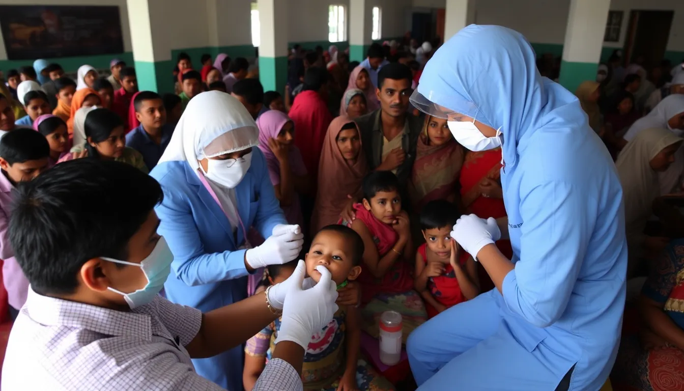 A group of healthcare workers preparing vaccines in a makeshift clinic, showcasing the mobilization of resources to combat the measles outbreak