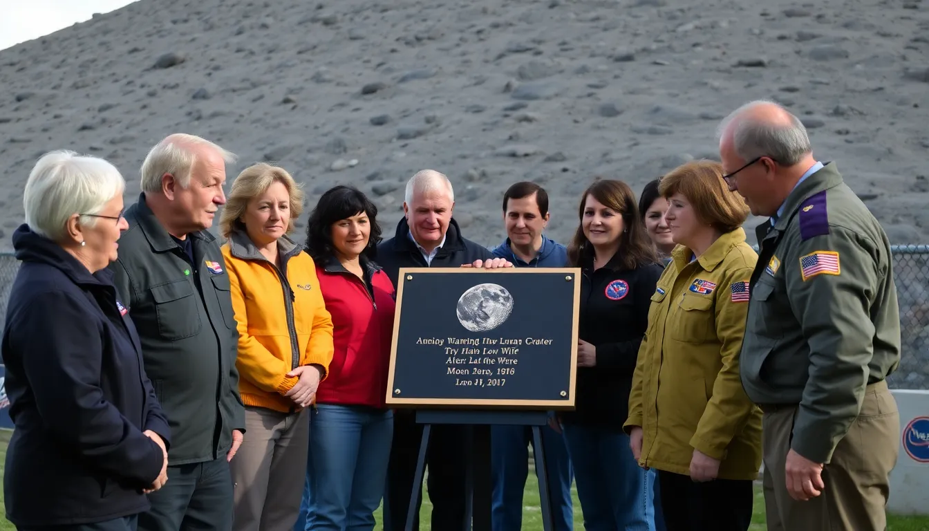 The crew stands together in a solemn ceremony, unveiling a plaque that commemorates the naming of a Moon crater after the late wife of their commander, surrounded by lunar mission memorabilia and emotional expressions.
