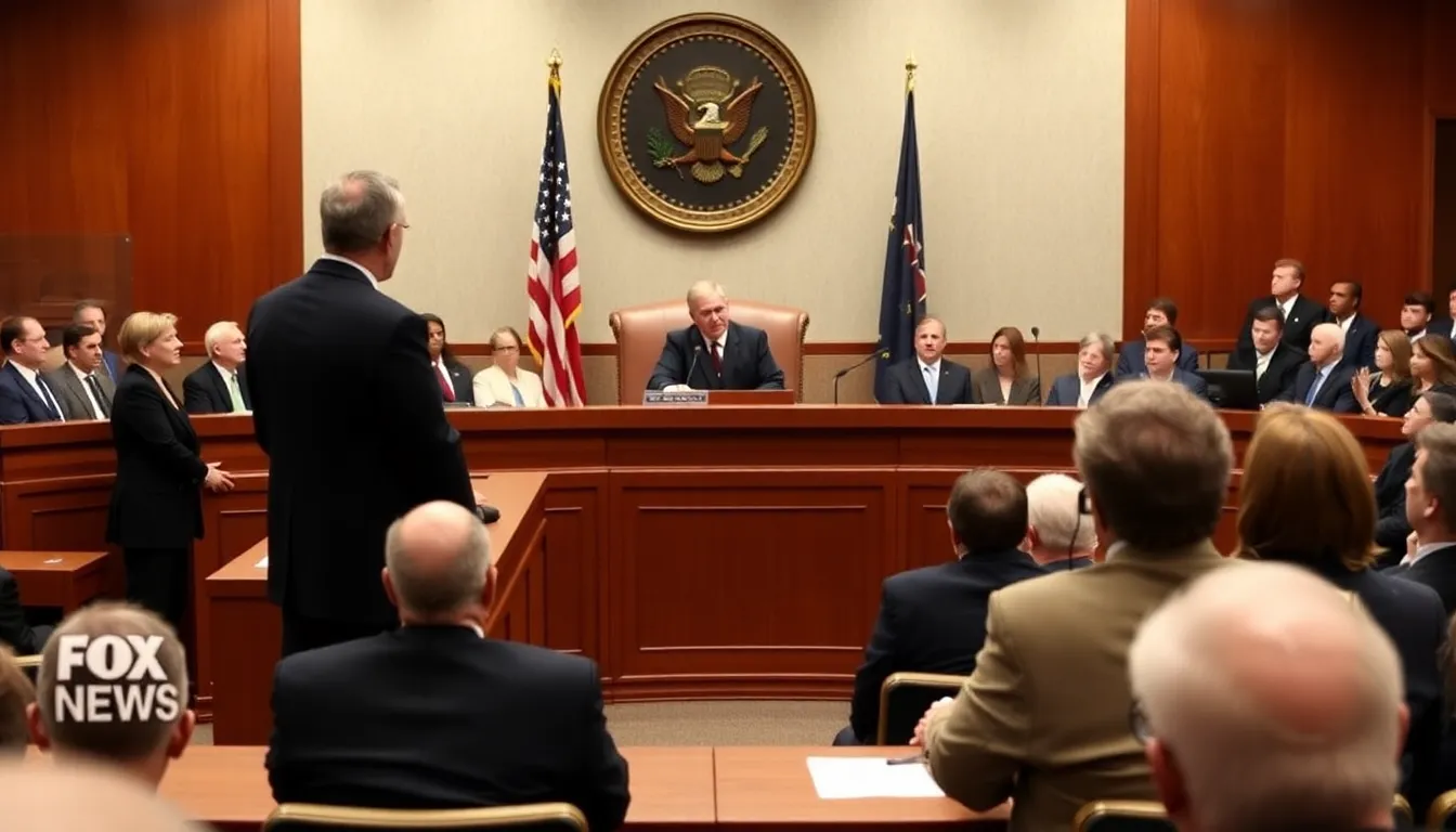 A federal judge stands at the bench in a courtroom as a ruling is announced regarding the dismissal of a lawsuit against Fox News, with attorneys present and a packed audience listening intently.