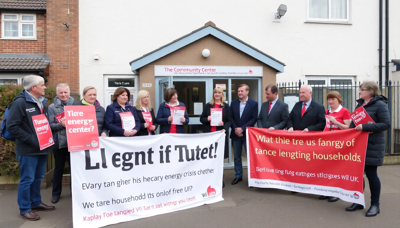 A group of Labour party members gather outside a local community center, holding banners and discussing strategies to address the ongoing energy crisis affecting households across the UK.