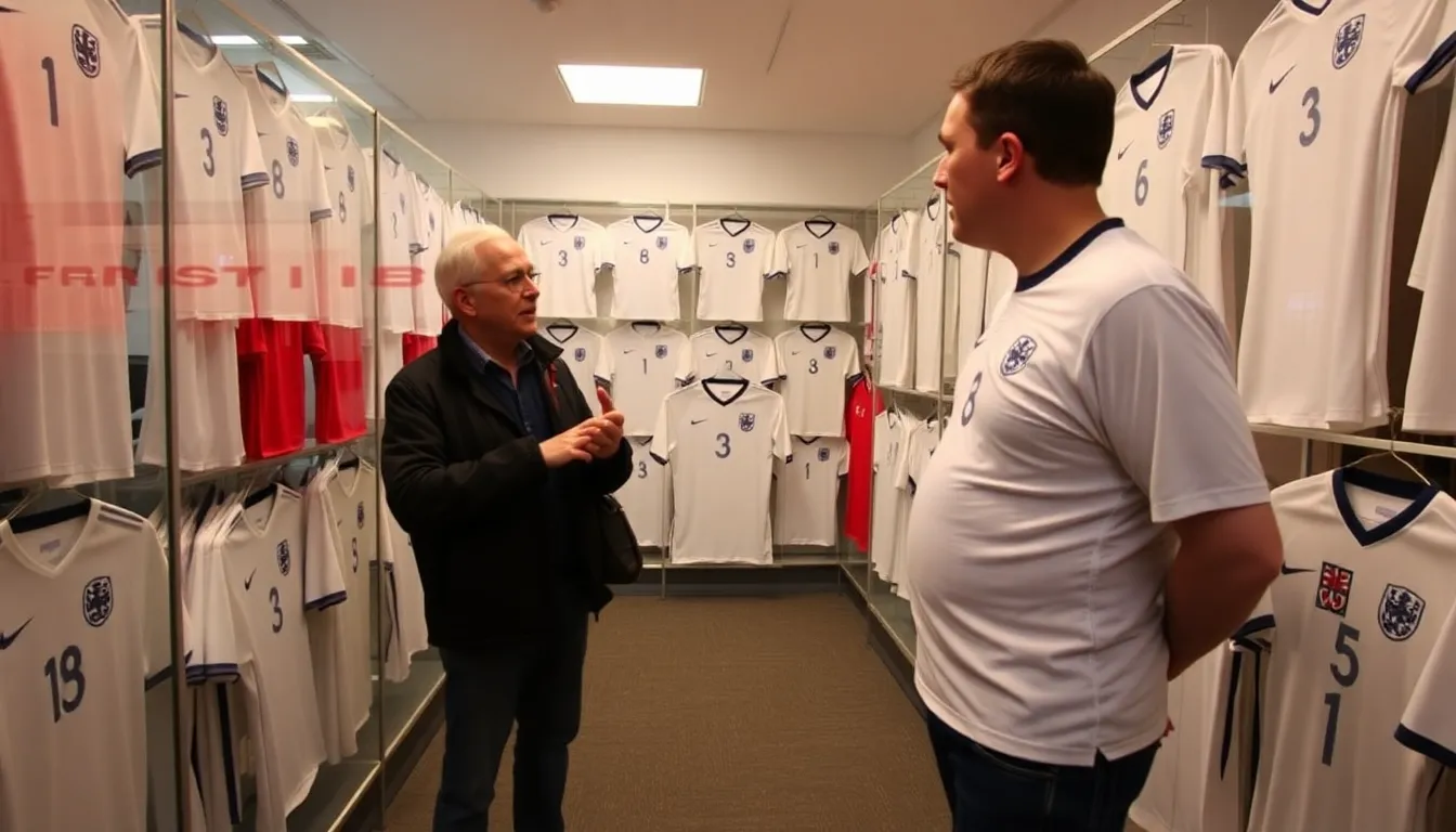 A collector stands in front of a display of England football shirts, passionately discussing the rising prices and their impact on fans and collectors.