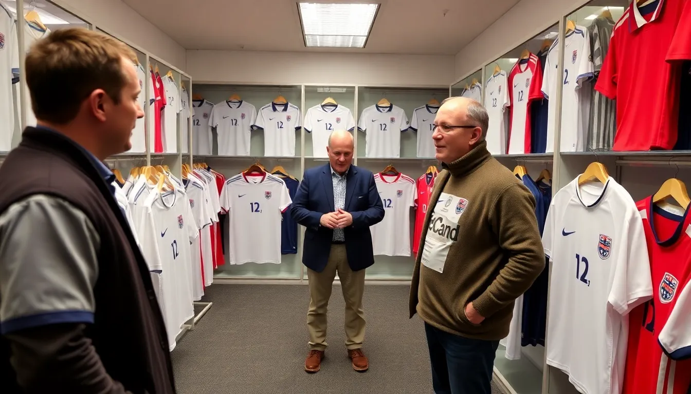 A closeup of an official England shirt displayed on a rack, showcasing its design and branding amidst a backdrop of sports merchandise