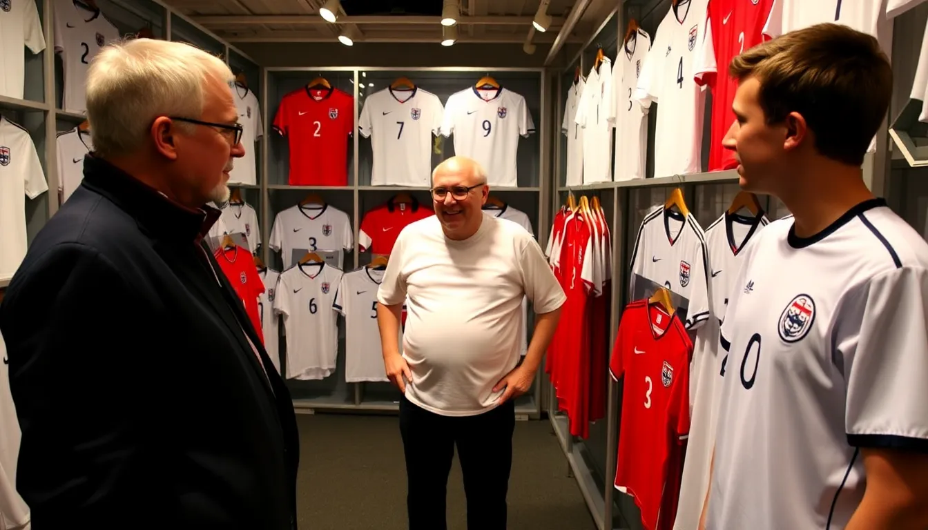 A retailer analyzing sales data on a laptop, contemplating strategies to adjust pricing in response to the growing concerns about the cost of England shirts