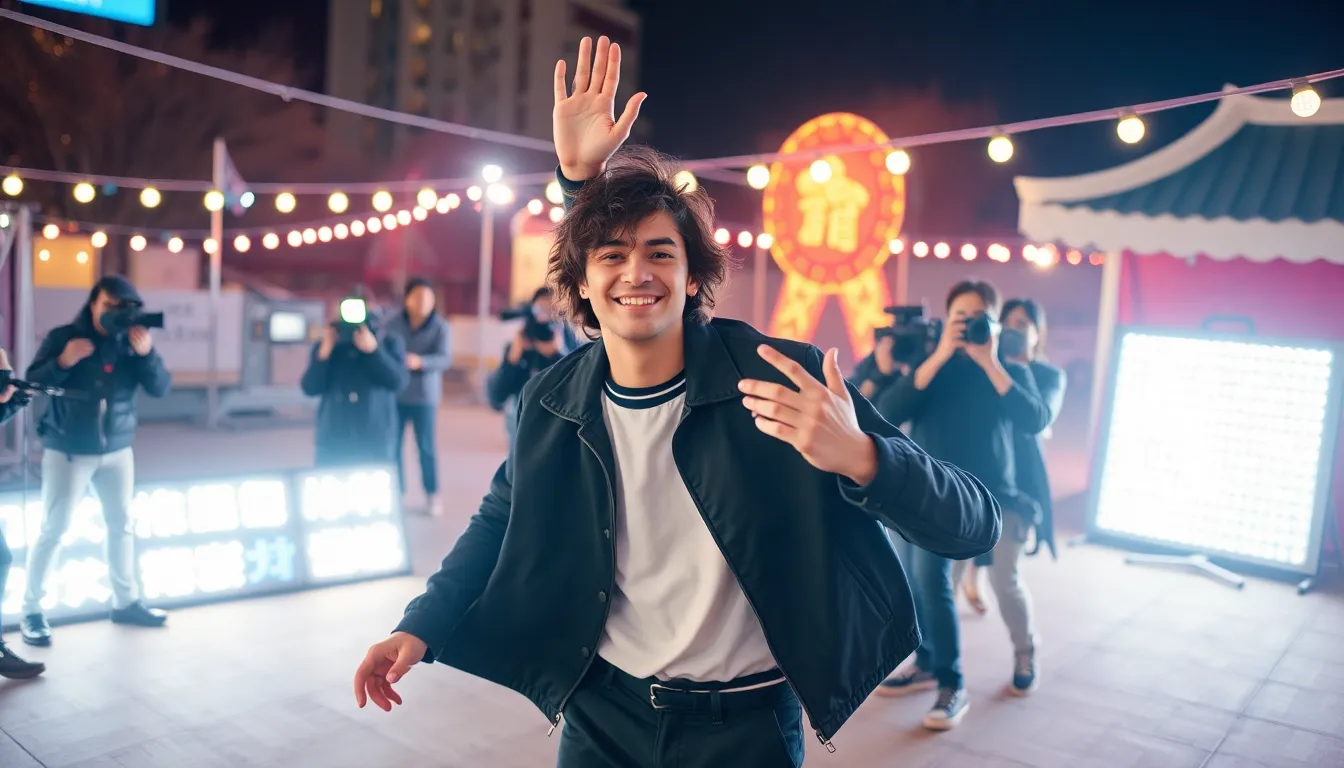 A British individual dances joyfully on set while filming a vibrant Kpop music video in Seoul, surrounded by colorful lights and enthusiastic crew members.