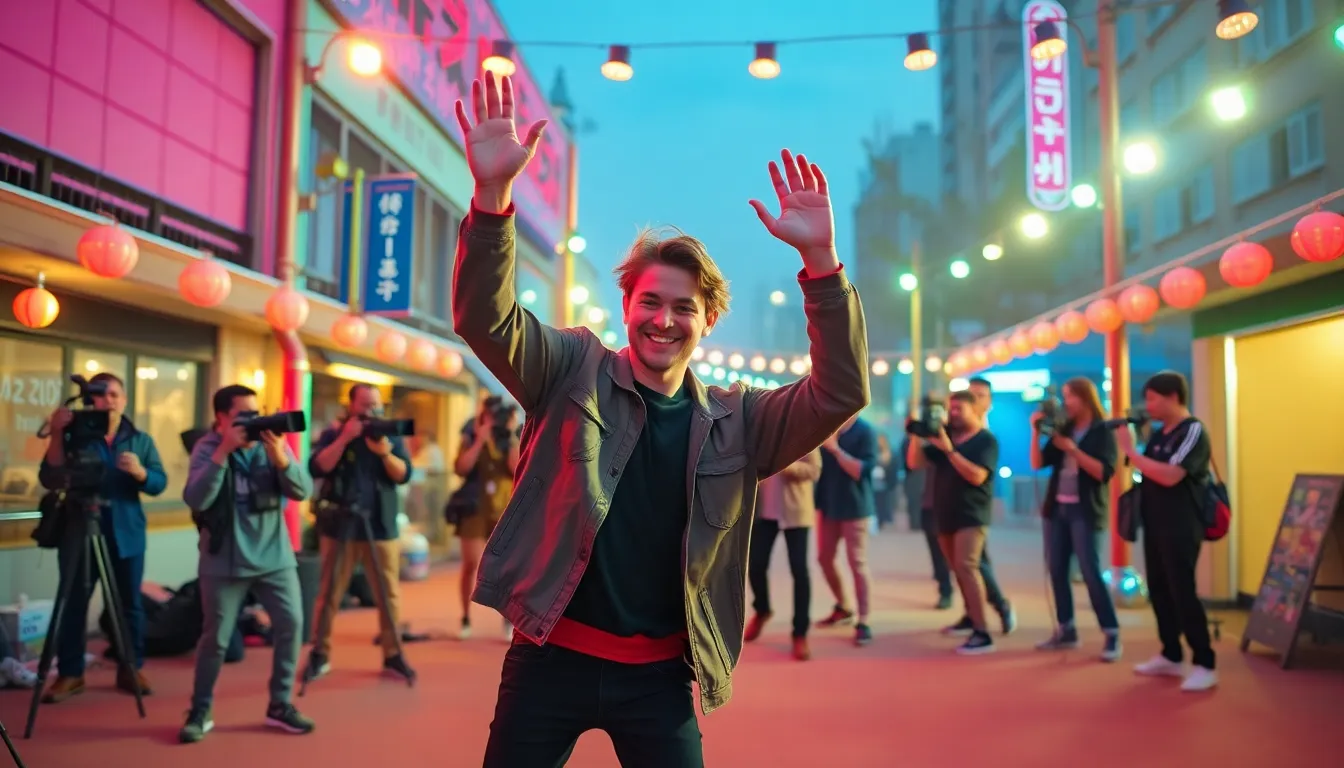 A lively Kpop music video shoot featuring dancers in colorful outfits, showcasing the energetic and dynamic nature of the genre