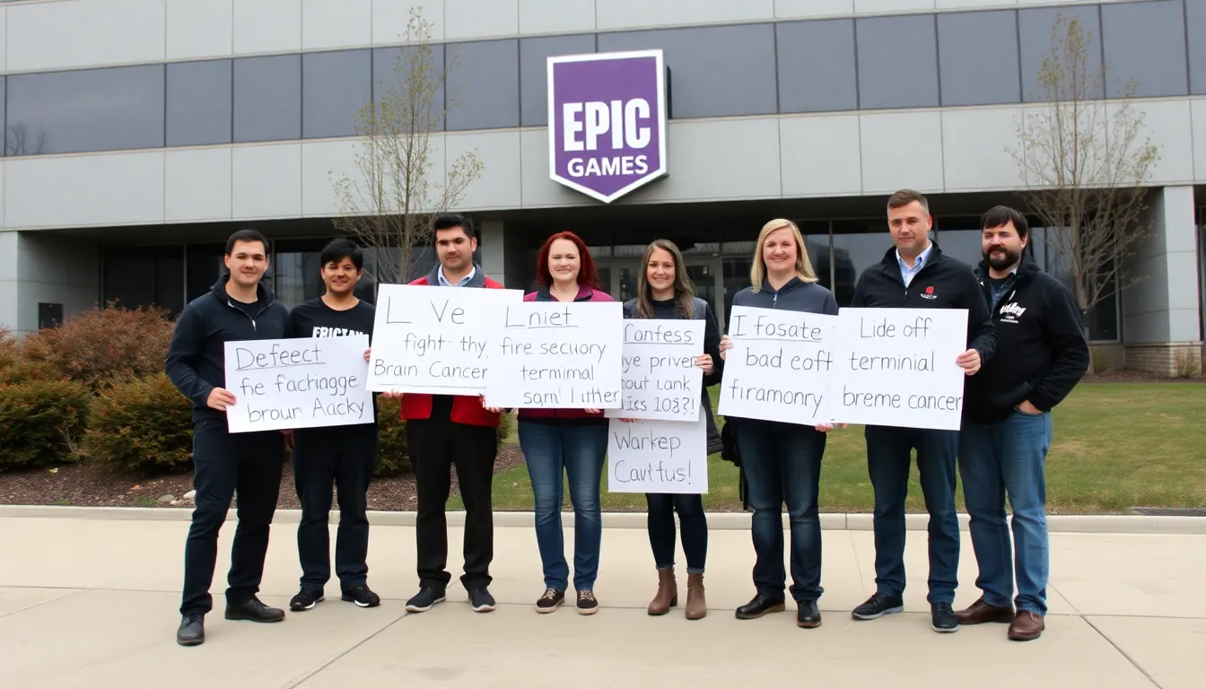A group of concerned employees at Epic Games gathers outside the company's headquarters, holding signs that express solidarity with a laidoff colleague battling terminal brain cancer.