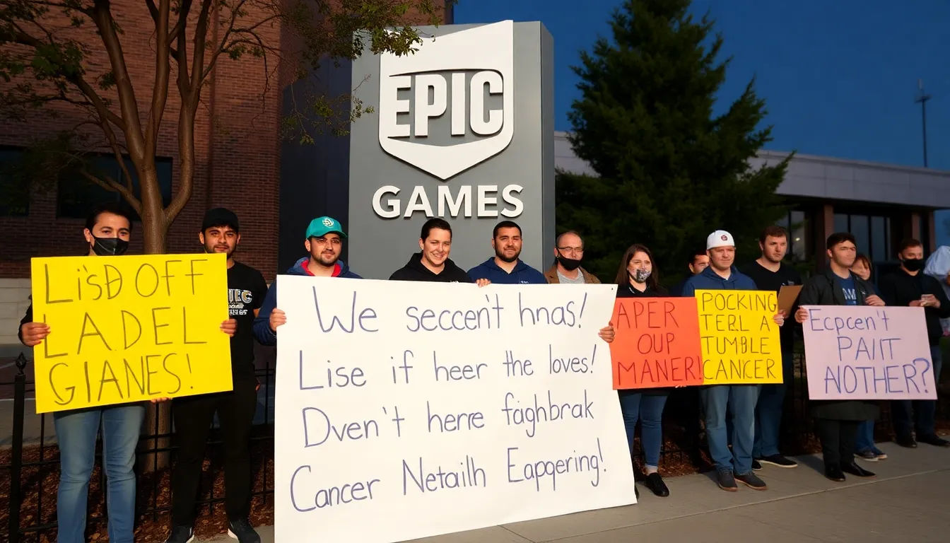 An emotional gathering of gaming community members advocating for better support and compassion in the workplace for employees facing health challenges