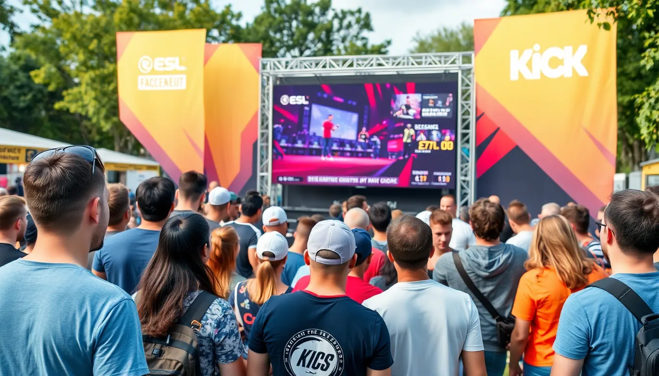 A group of esports fans eagerly watches a live tournament broadcast on a large screen, surrounded by colorful banners promoting the new partnership between ESL FACEIT Group and Kick.