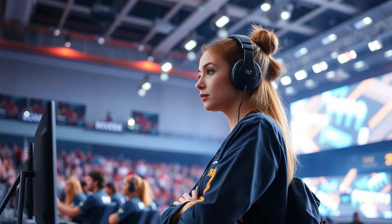A female esports player stands confidently at a gaming tournament, focused on her screen while surrounded by cheering fans and teammates, highlighting the ongoing challenges and triumphs of women in the competitive gaming scene.
