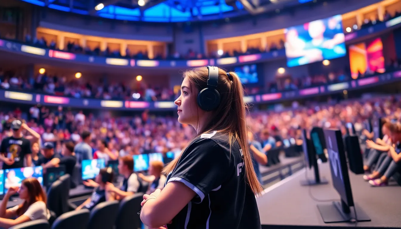 A passionate audience cheering for their favorite female streamer at a live esports event, emphasizing the growing support for women in gaming