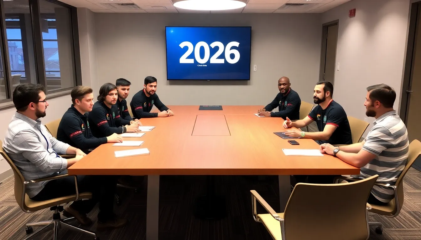 A group of esports team managers and players gather at a conference table, discussing the newly launched 2026 Club Partner Program by the Esports Foundation aimed at supporting clubs in the European World Championship.