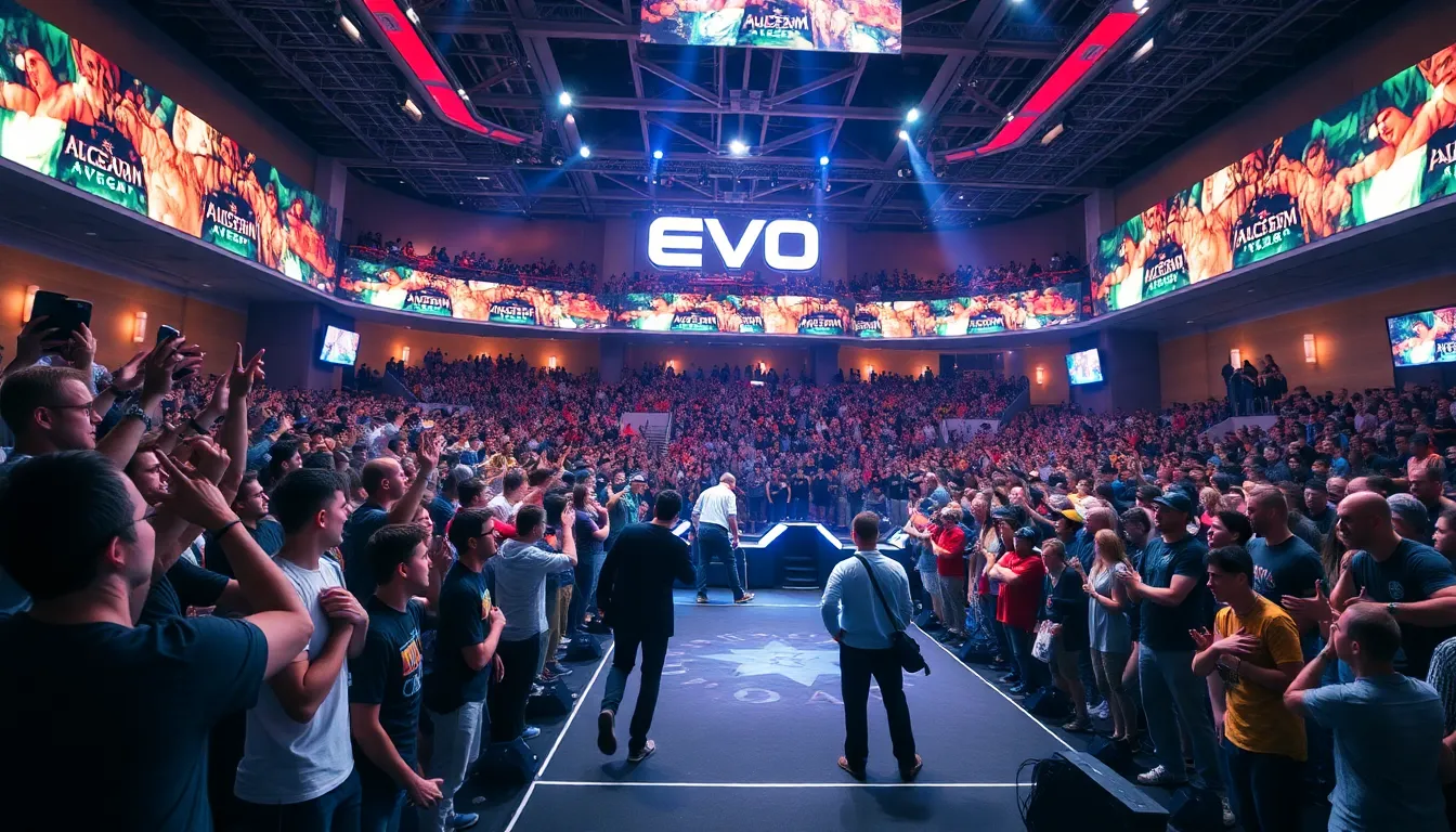 Players intensely competing on stage during the Evo event, highlighting the skill and dedication within the fighting game community