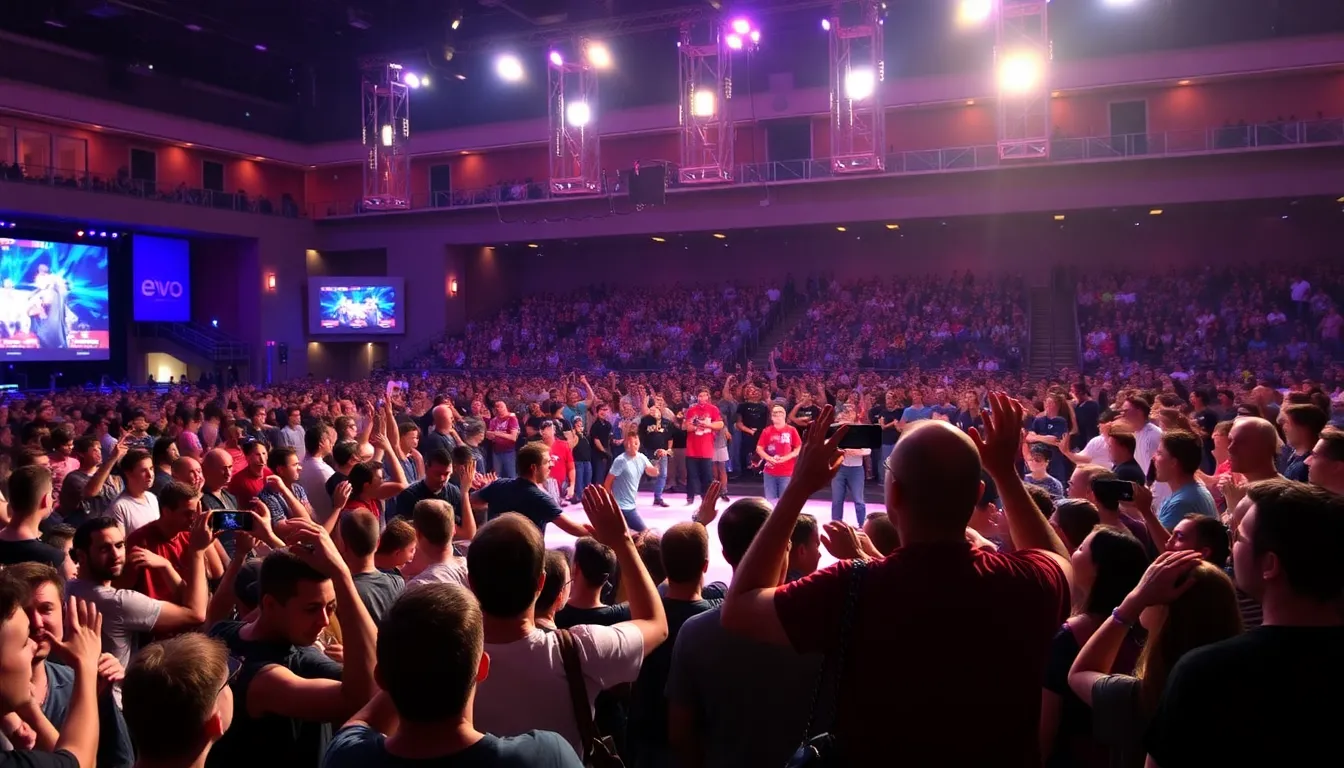 A large crowd of enthusiastic fans cheers as competitors face off in a fighting game tournament at Evo in Las Vegas.