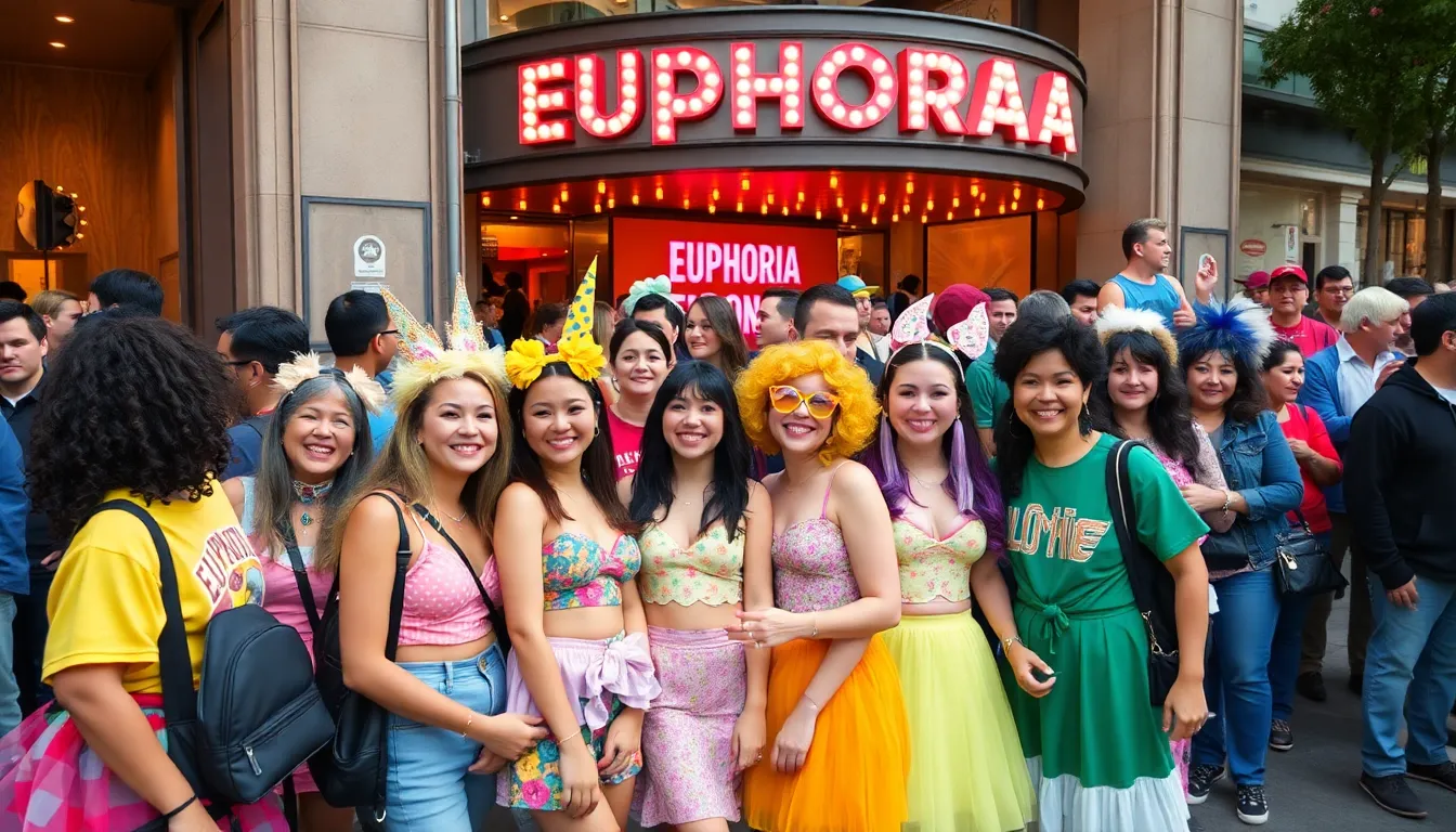 The characters of Euphoria dressed in bold, trendy outfits, showcasing the series' influence on contemporary fashion and youth culture