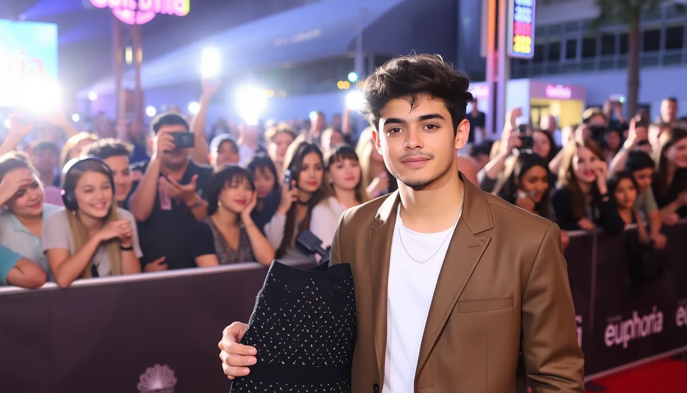 Stars of Euphoria, including Zendaya and Jacob Elordi, pose together on the red carpet at the Season 3 premiere event in Los Angeles, surrounded by excited fans and flashing cameras.
