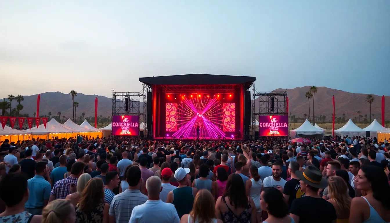 A large crowd gathers at Coachella, eagerly awaiting the screening of the HBO series Euphoria, with vibrant festival decorations and a stage in the background.