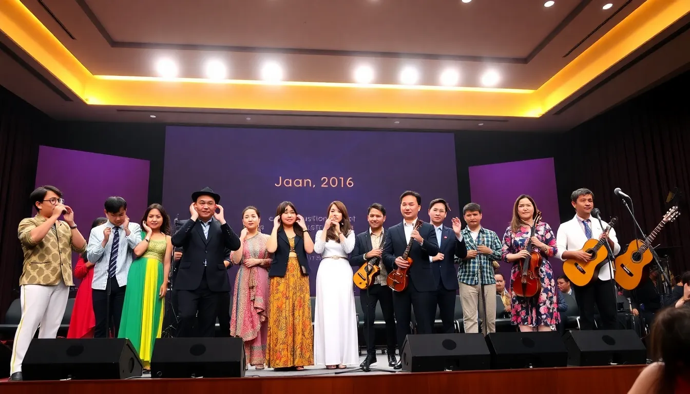 A diverse group of musicians from various Asian countries gathers on stage, preparing to showcase their unique talents at the inaugural Eurovision Song Contest Asia edition announcement event.