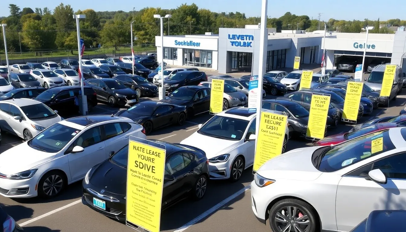 A crowded dealership lot showcases a variety of electric vehicles lined up for sale, with signs advertising special promotions for returning lease customers.