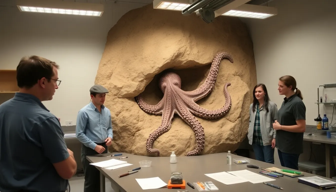 A team of researchers examines fossilized remains of a giant 19meter octopus in a limestone formation, shedding light on ancient marine ecosystems and cephalopod evolution.