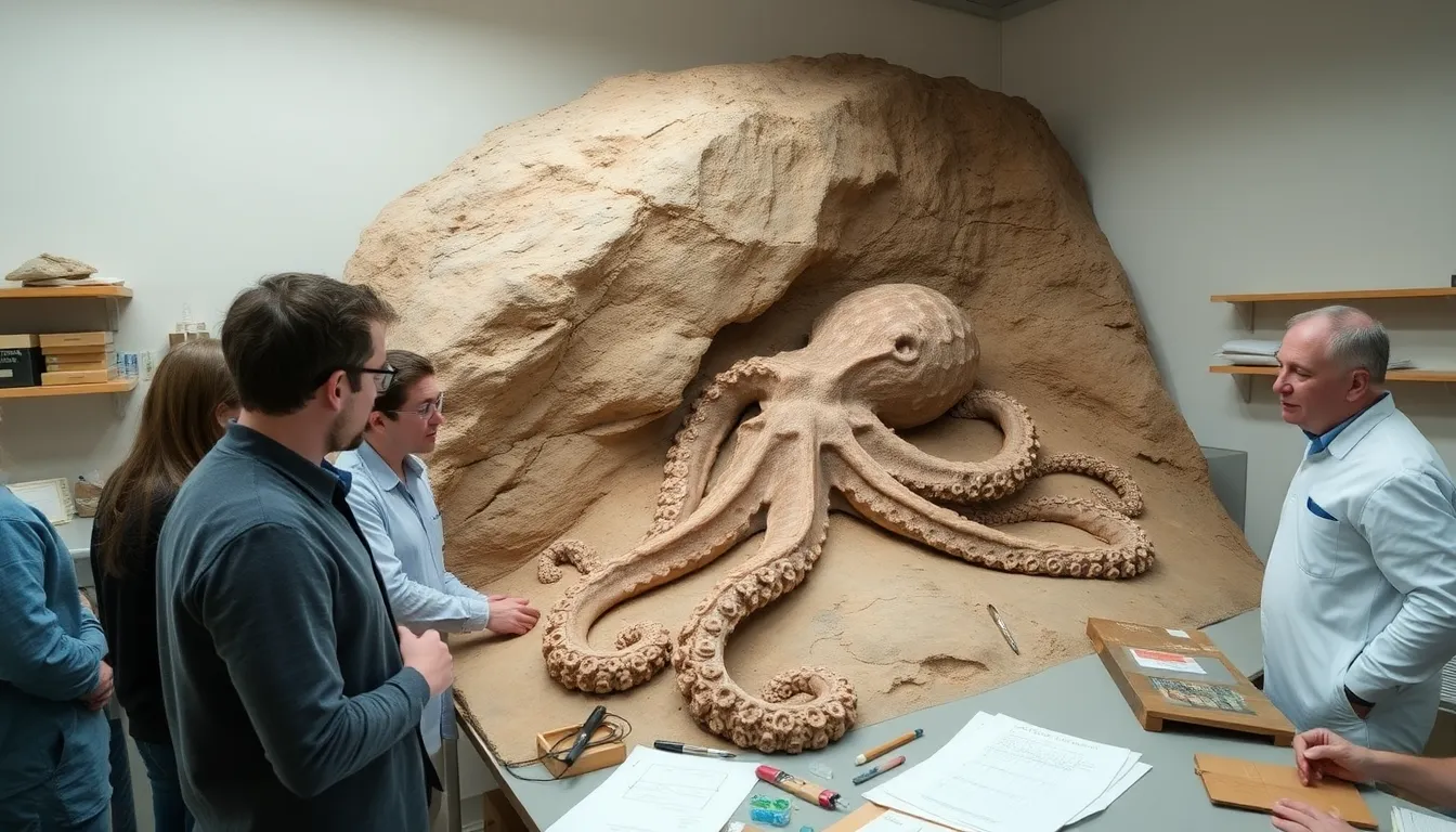 An illustration of the colossal 19meter octopus gracefully prowling through warm, shallow waters, highlighting its role as a formidable predator in its environment
