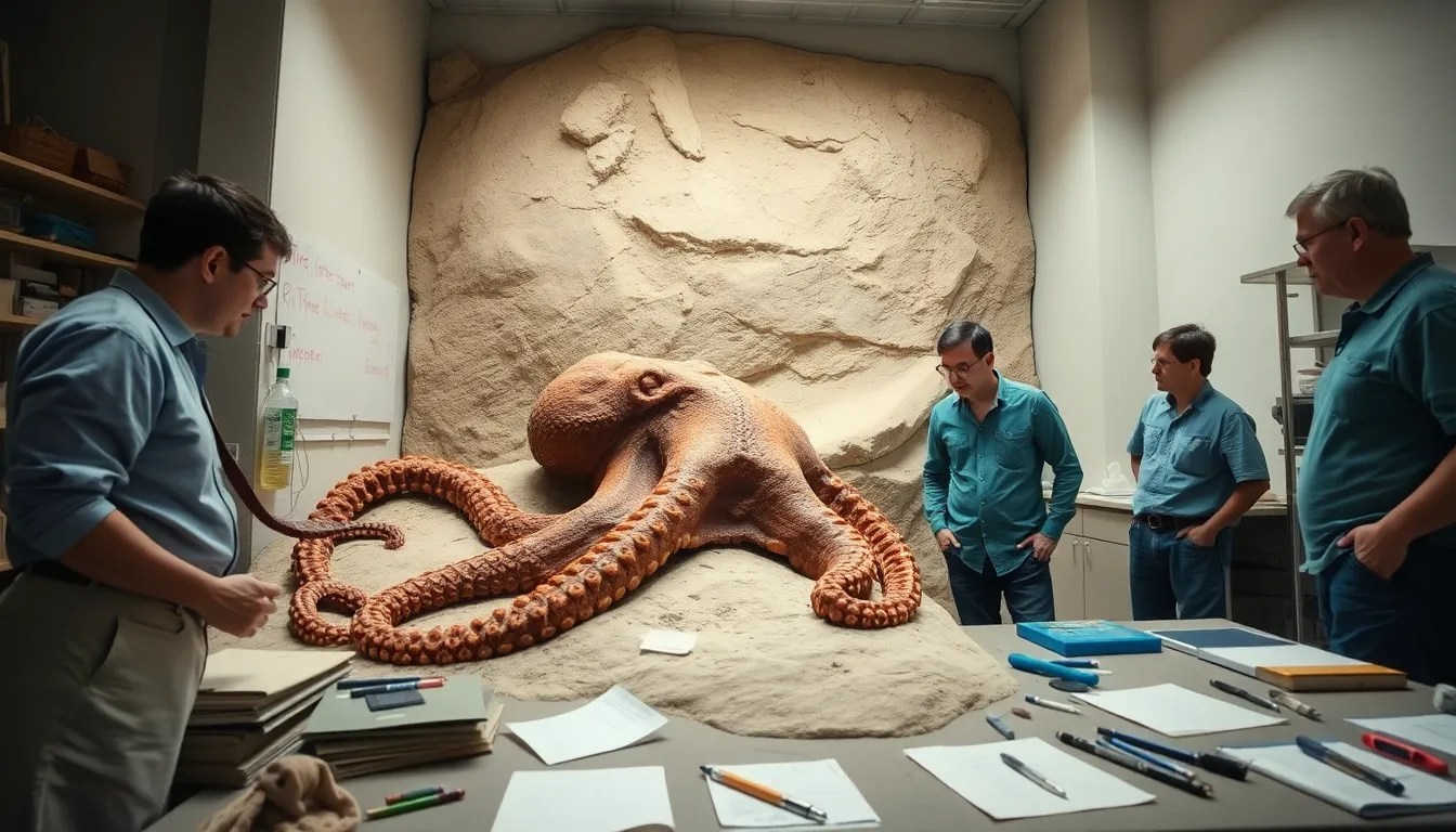 A scene capturing marine biologists discussing the ecological significance of the giant octopus discovery, emphasizing the importance of conservation efforts in preserving marine biodiversity