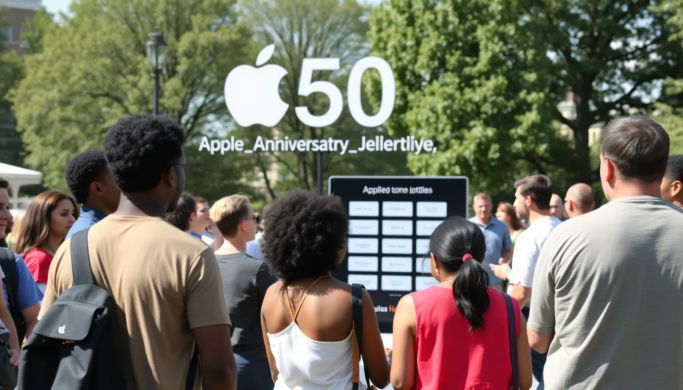 A group of diverse participants eagerly engages with an interactive quiz about Apple's history during the company's 50th anniversary celebration.