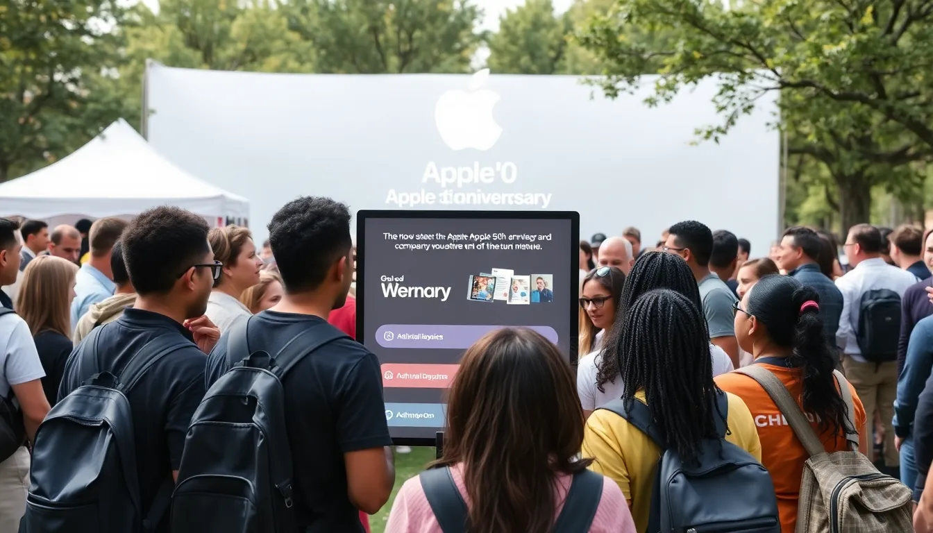 A vibrant celebration scene showcasing Apple employees and fans engaging in a quiz about the company's impactful history and future innovations
