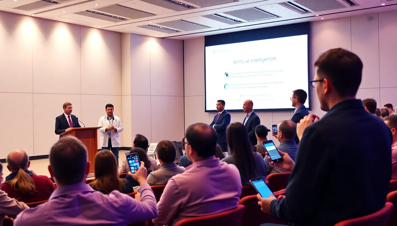 A group of scientists discusses the latest advancements in artificial intelligence during a live Q&A session, with an audience engaged through social media.