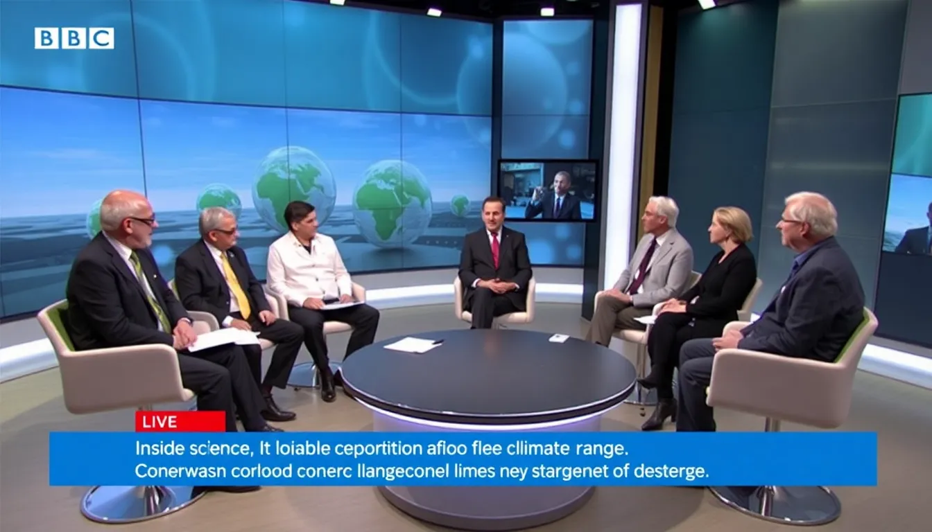 A group of scientists discusses the latest findings from the Intergovernmental Panel on Climate Change report during a live broadcast of BBC Inside Science.