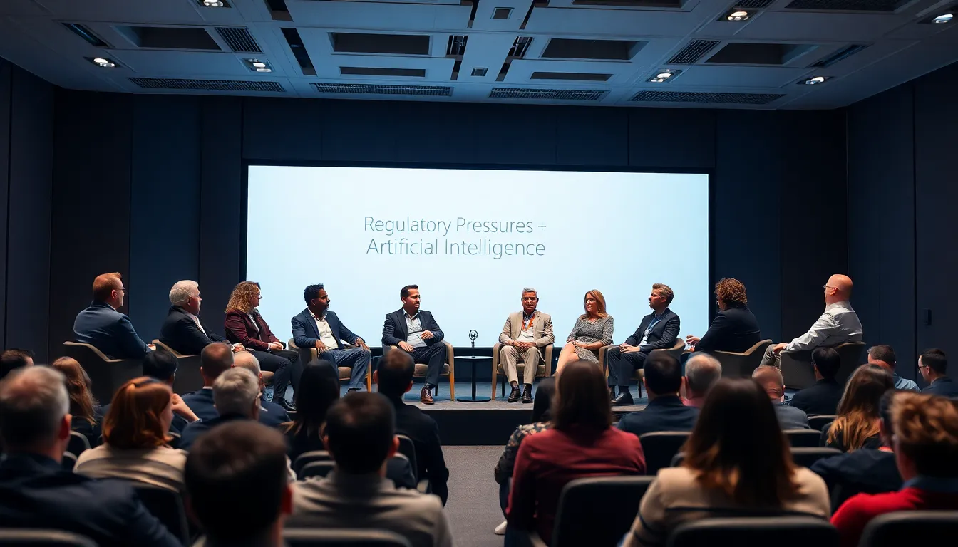 A group of tech industry leaders discusses the impact of regulatory pressures and artificial intelligence during a conference in a modern auditorium.