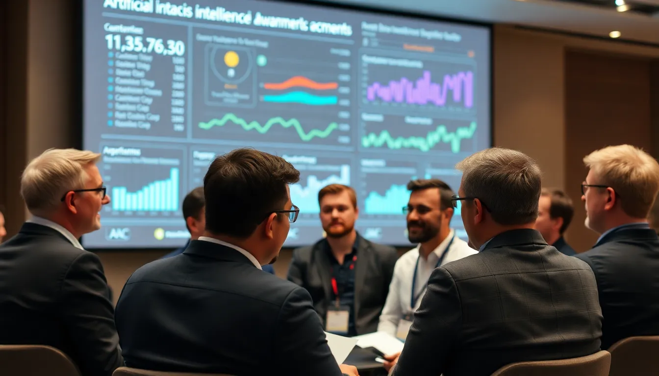 A group of tech industry leaders discusses the latest advancements in artificial intelligence during a conference, with a large screen displaying data and trends in the background.