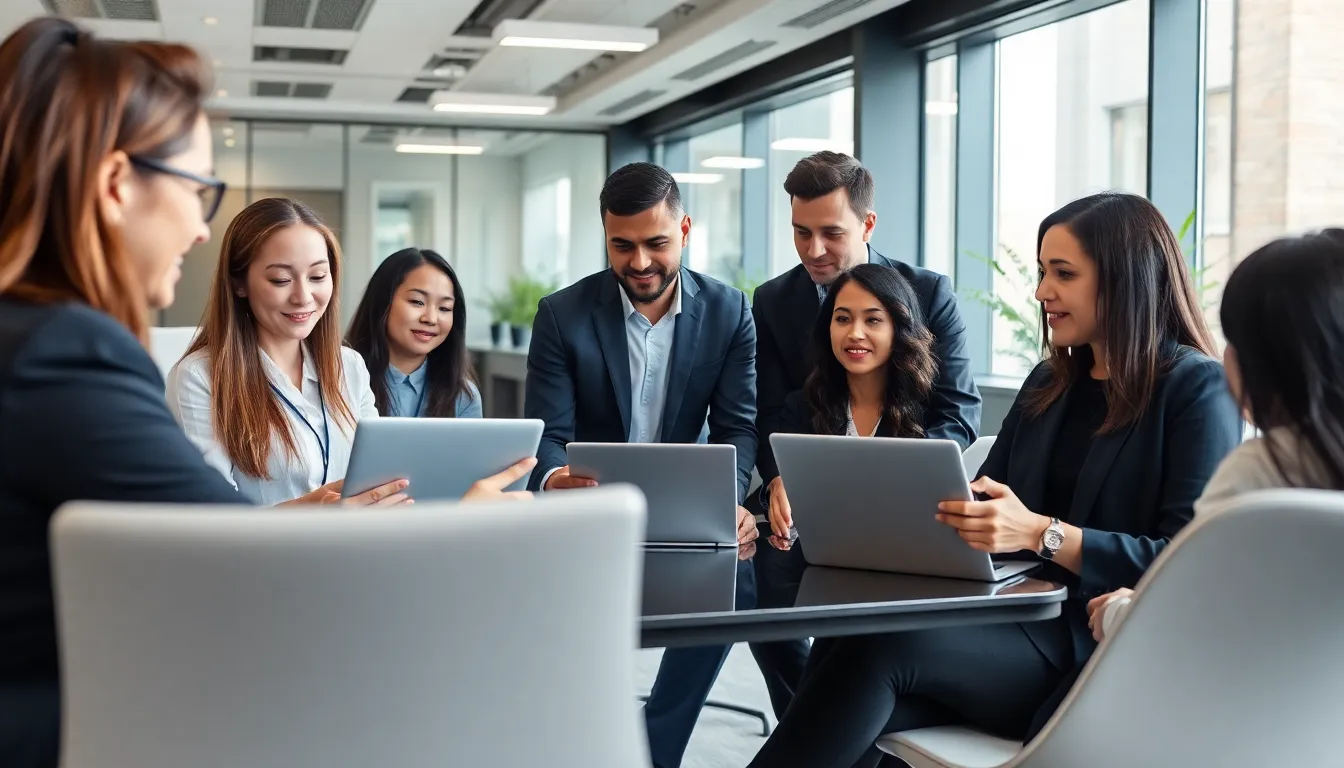 A group of professionals collaborates in a modern office space, utilizing laptops and digital devices while discussing strategies for integrating artificial intelligence into their workflows.