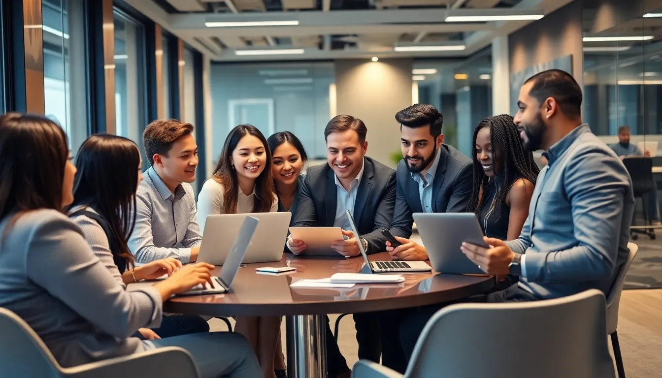 A diverse group of individuals using smartphones in a bustling urban environment, highlighting the integration of mobile technology into everyday life