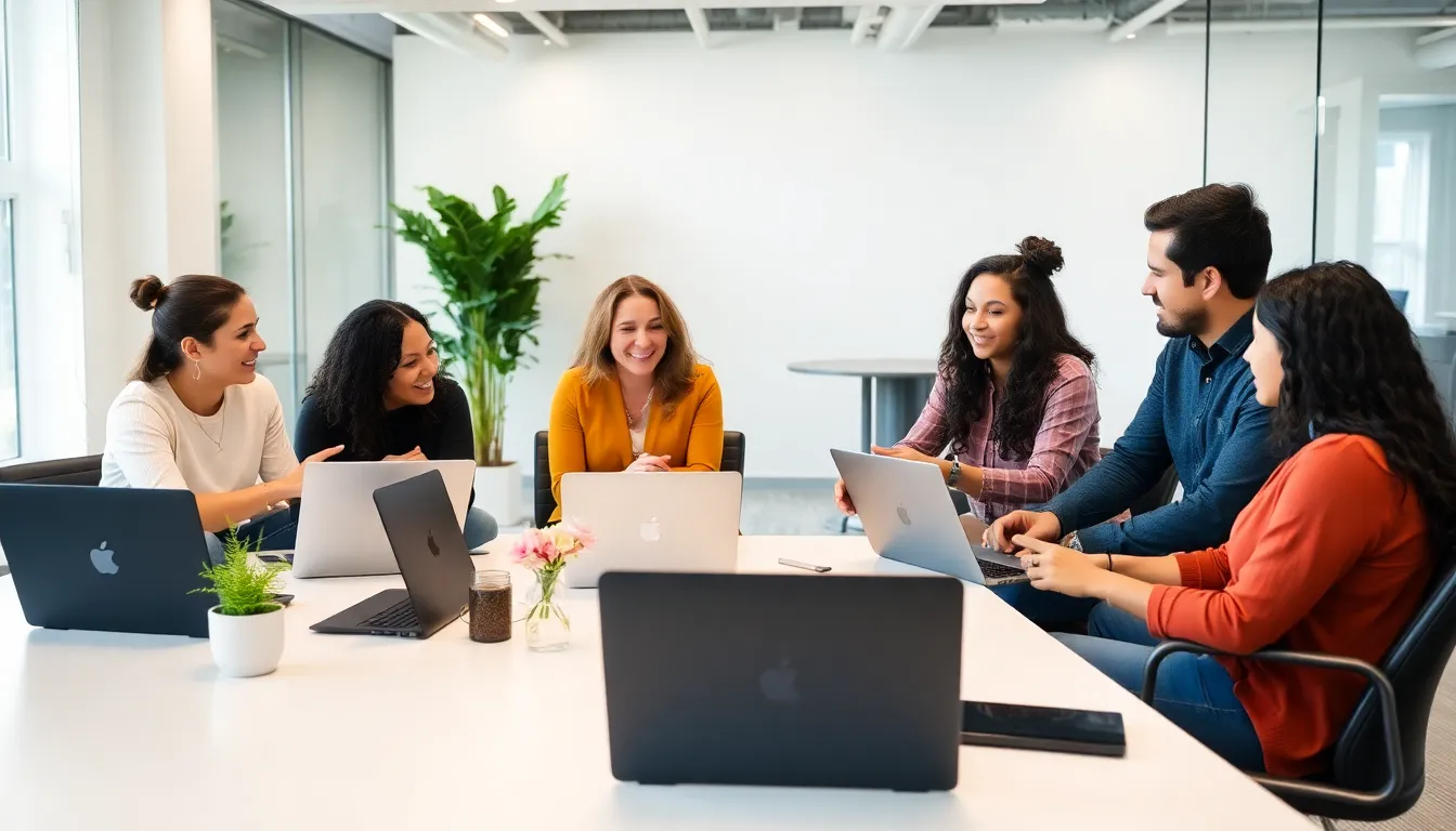 A modern office space with employees collaborating through digital tools, reflecting the evolving remote work culture and hybrid work models