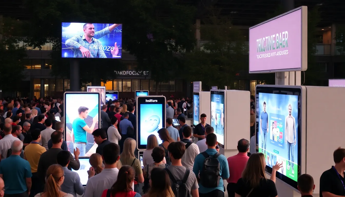 Consumers interacting with a touchenabled kiosk, exploring features and making purchasing decisions based on tactile experiences