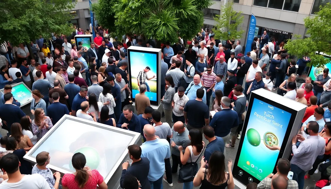 A bustling urban setting showcasing various touch technology applications in retail and healthcare, highlighting the impact of sensory marketing