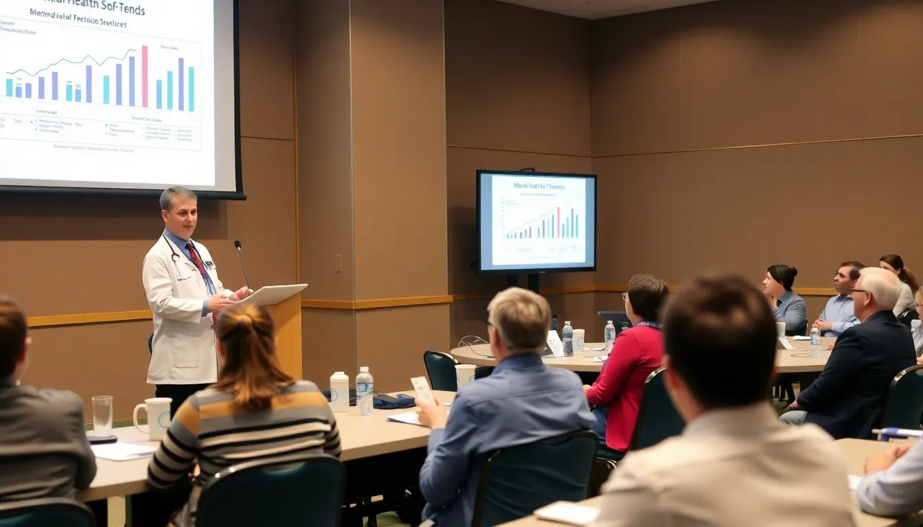 A healthcare provider discusses mental health service trends with colleagues during a conference, highlighting the growing demand for telehealth solutions.