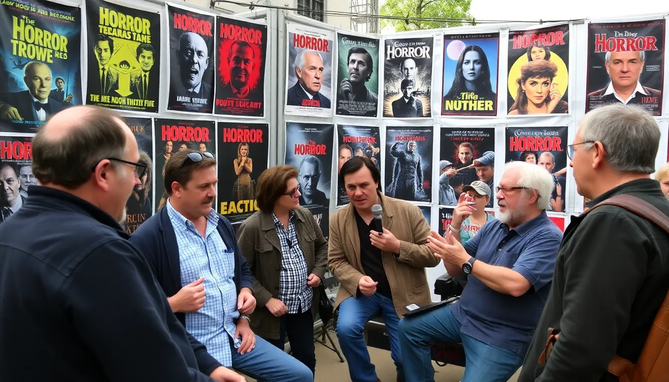 A group of film critics and enthusiasts engage in a lively discussion at a horror film festival, surrounded by posters of classic and contemporary horror movies.
