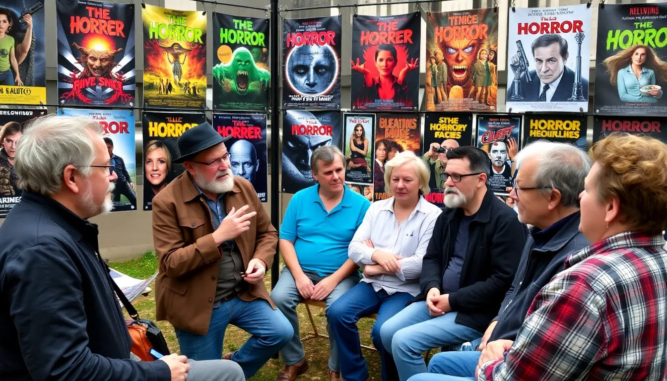 A gathering of filmmakers and audiences engaged in a heated discussion about the ethical implications of depicting graphic content in horror cinema