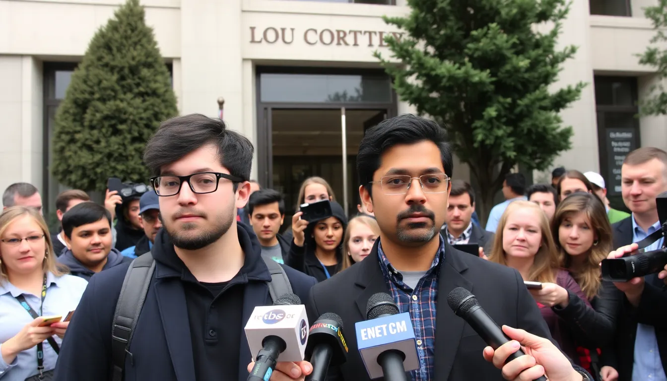 Faker and Gumayusi are seen addressing a crowd of reporters outside a courthouse, emphasizing their commitment to combat online harassment in the esports community.