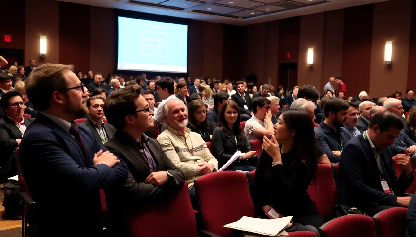 Festival attendees gather in a bustling auditorium, eagerly discussing the newly unveiled film projects and the introduction of the White Light Award during the Far East Film Festival in Udine, Italy.