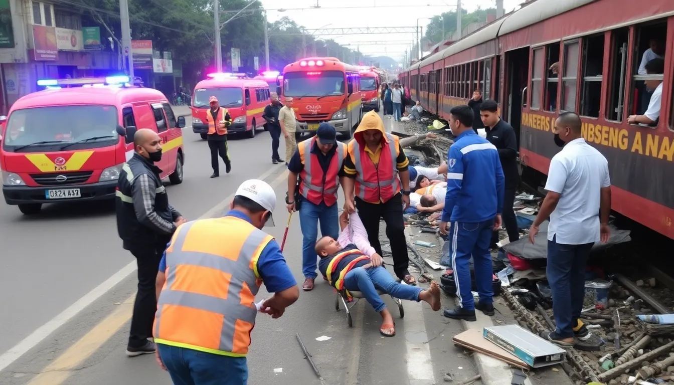 Rescue workers attend to injured passengers at the site of a train collision near Bandung, Indonesia, where multiple fatalities have been reported.
