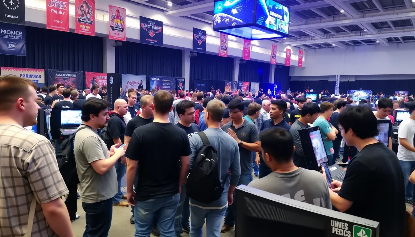 Members of the fighting game community gather at a tournament venue, discussing their concerns over the reduced prize pools for the upcoming Capcom Pro Tour season.