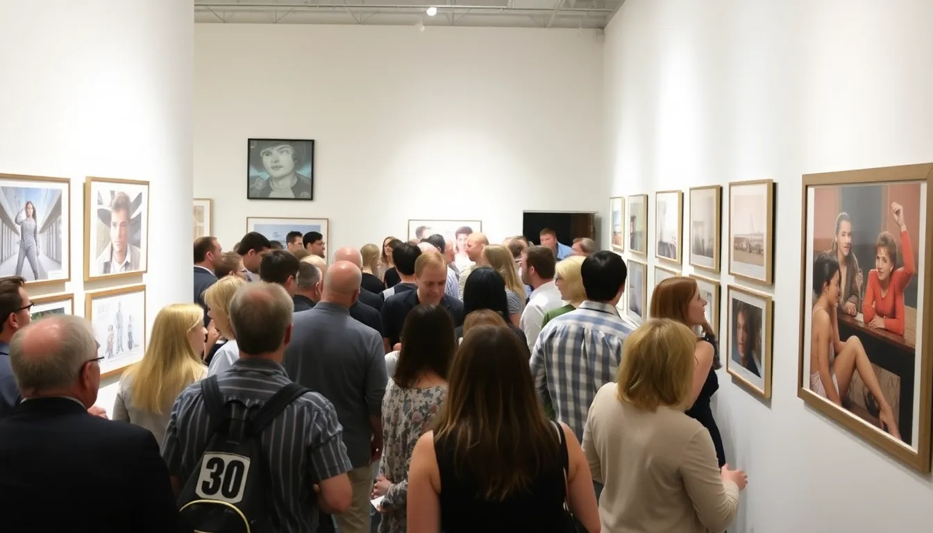 A crowd gathers at a book launch event celebrating the 30th anniversary of The Fifth Element, with attendees admiring displays of concept art and memorabilia from the iconic scifi film.