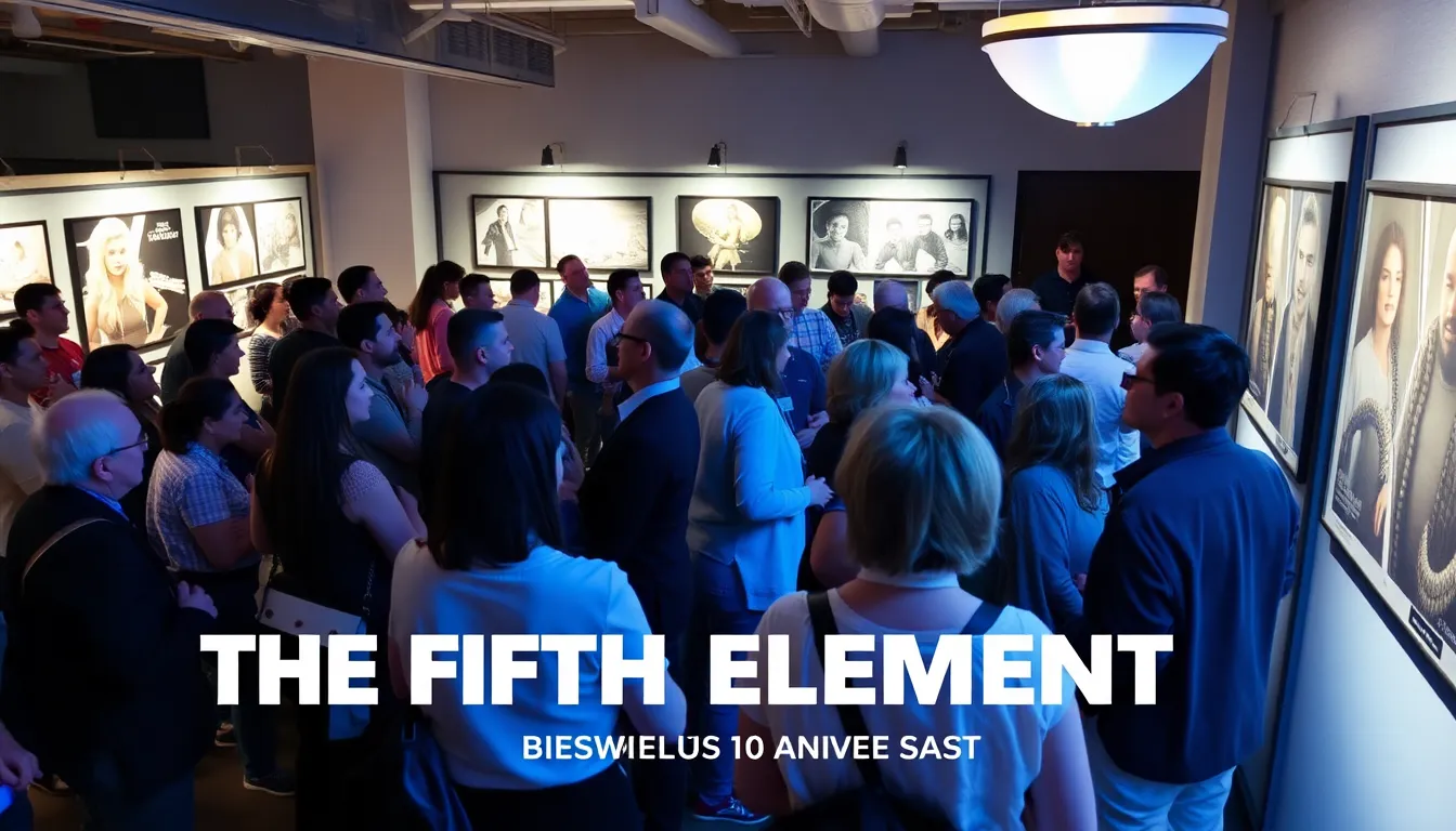 A celebratory event scene with fans eagerly discussing the impact of 'The Fifth Element', emphasizing the film's enduring legacy and cultural significance as its anniversary approaches