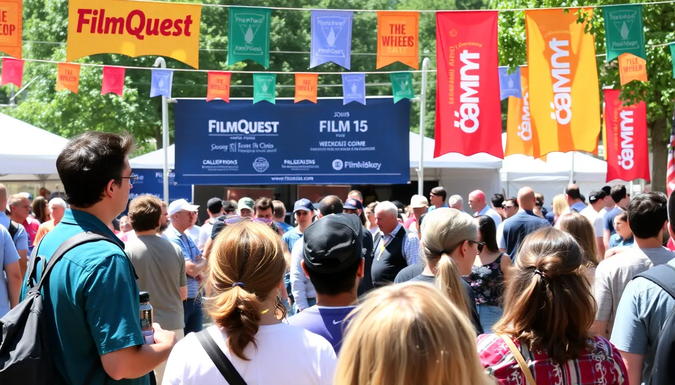 Festival attendees engage in discussions about short films at the FilmQuest Festival, surrounded by colorful banners and a lively atmosphere.