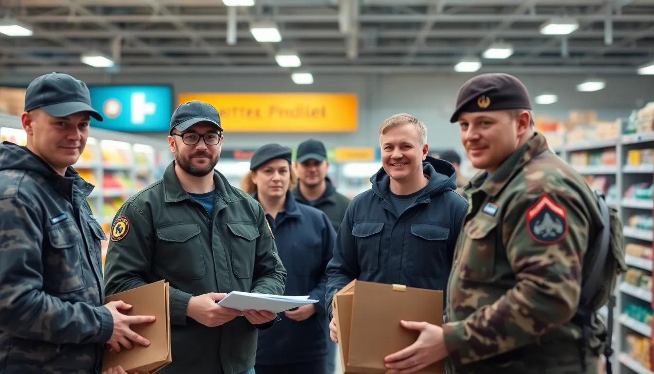 A group of supermarket employees participates in a training session with Finnish Defence Forces, focusing on emergency logistics and supply chain management.