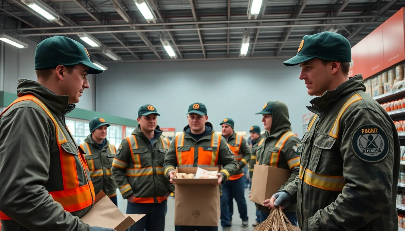 Supermarket employees participating in a training session with Finnish Defence Forces, emphasizing the collaboration between civilian logistics and military needs
