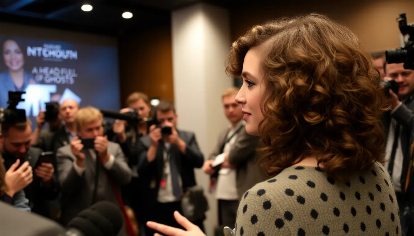 Fiona Dourif is seen discussing her role in the upcoming horror film A Head Full of Ghosts during a press event, surrounded by reporters and cameras.